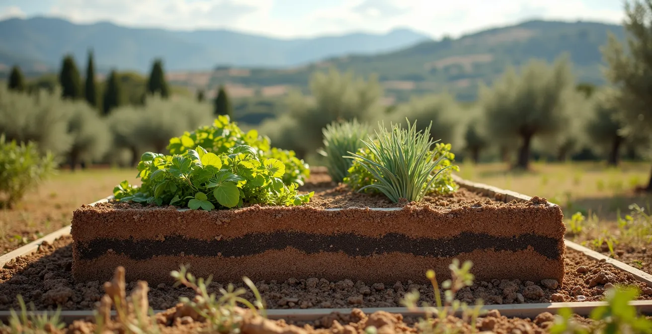 Vista lateral de un bancal tipo lasaña mostrando capas de cartón, restos de poda y estiércol