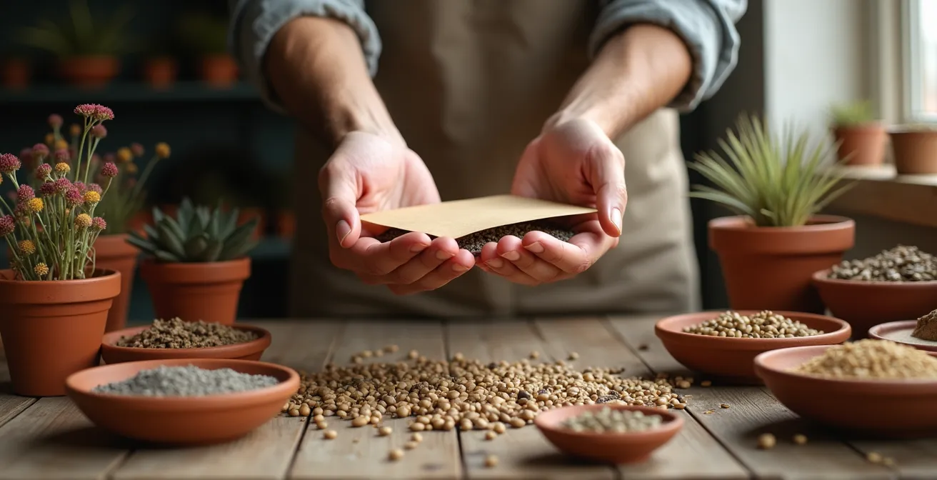 Mesa de intercambio de semillas tradicionales en un banco comunitario con sobres etiquetados y manos intercambiando
