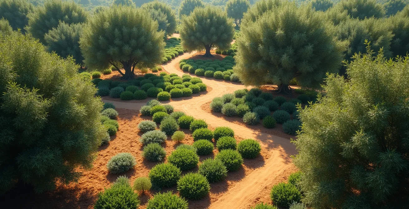 Vista aérea de un bosque de alimentos mediterráneo con múltiples estratos vegetales