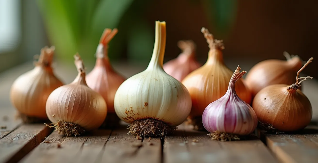 Comparación visual de bulbos ornamentales tóxicos junto a bulbos comestibles sobre superficie de madera