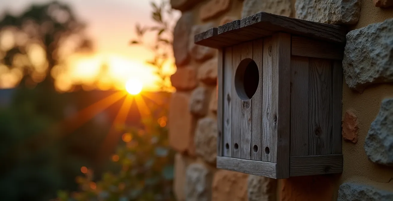 Caja nido para lechuzas instalada en jardín español para control natural de roedores
