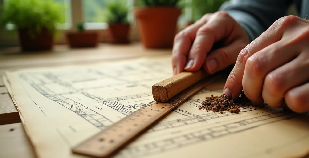 Manos trabajando con calculadora y planos de jardín sobre mesa de madera