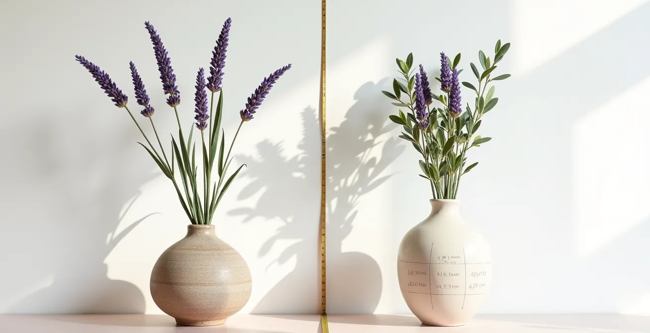 Demostración visual del cálculo de altura perfecta para arreglo floral con jarrón de 30 cm aplicando proporción áurea