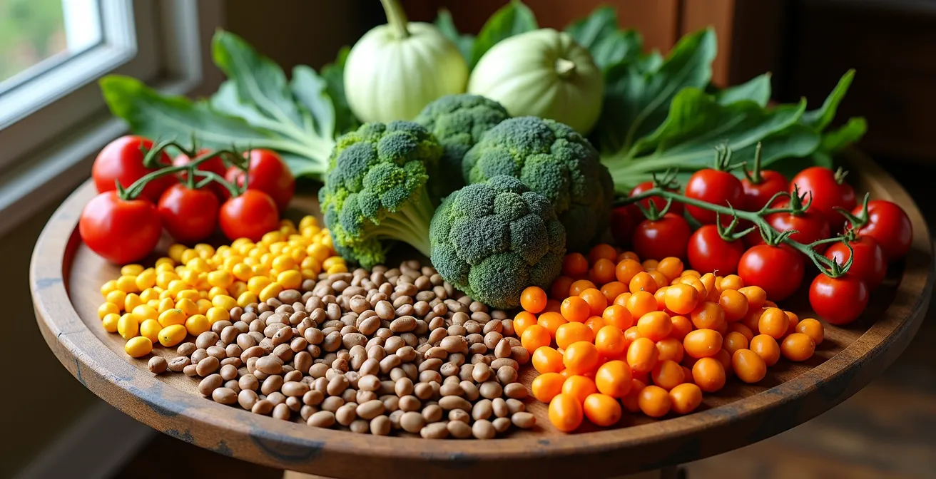 Diagrama visual de rotación de cultivos en 4 parcelas durante 48 meses con familias botánicas diferenciadas por colores