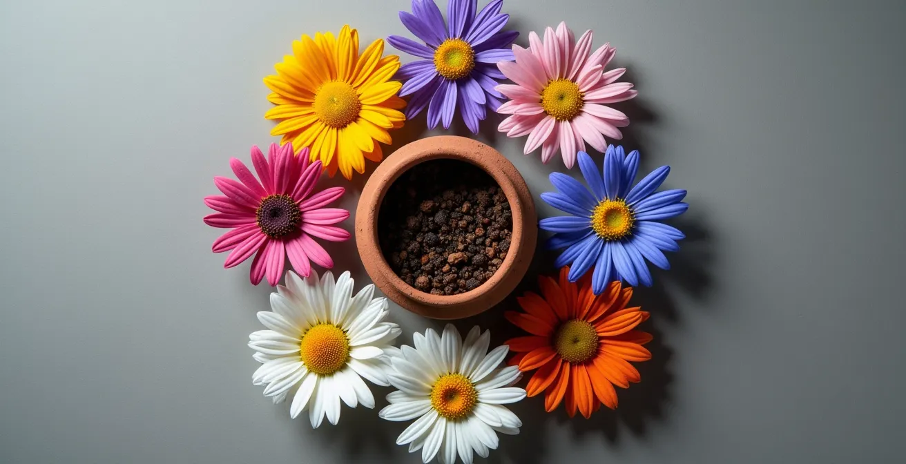 Calendario circular mostrando la sucesión de floración de seis asteráceas autóctonas españolas de marzo a octubre