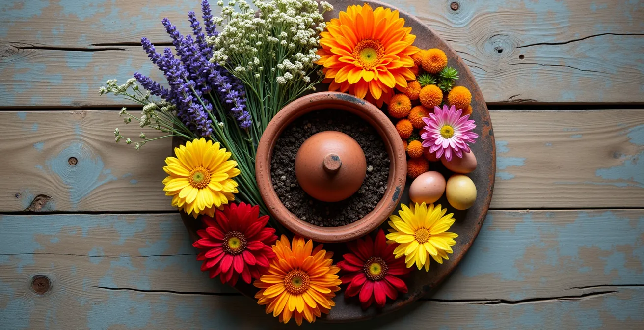 Calendario circular de floración anual para jardín mediterráneo mostrando plantas en cada estación