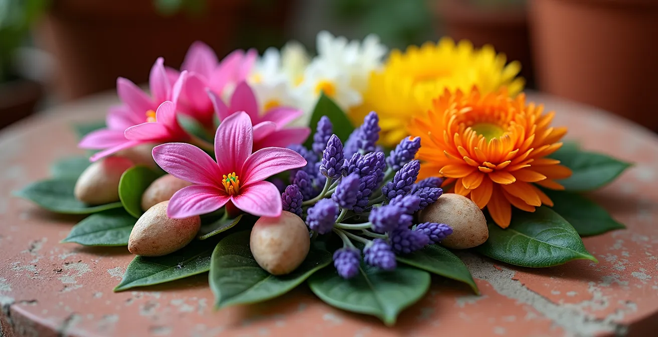 Calendario circular visual mostrando plantas de temporada disponibles cada mes en viveros españoles