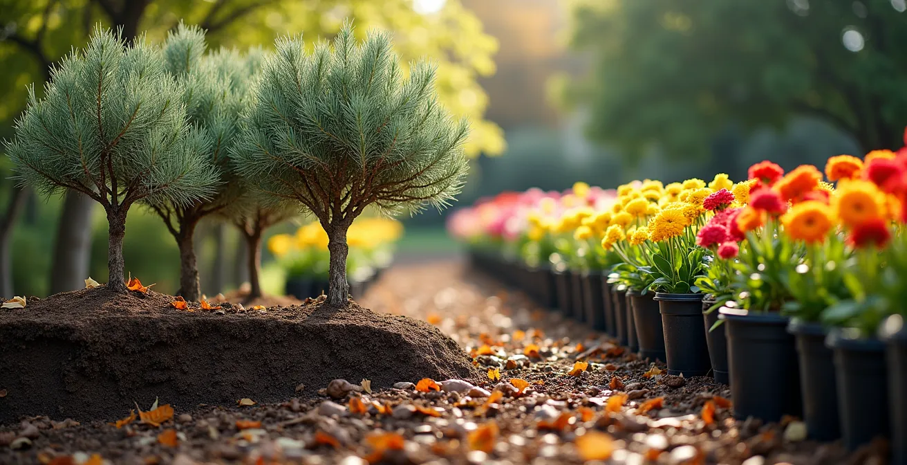 Comparación visual entre tres árboles autóctonos maduros y múltiples macetas de plantas de temporada mostrando la diferencia de inversión