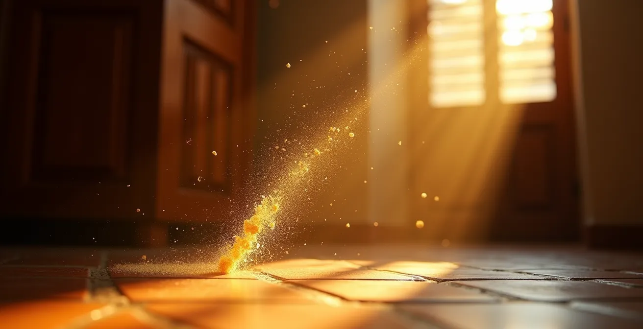 Fotografía macro de partículas de polvo flotando en un rayo de luz solar atravesando una ventana española