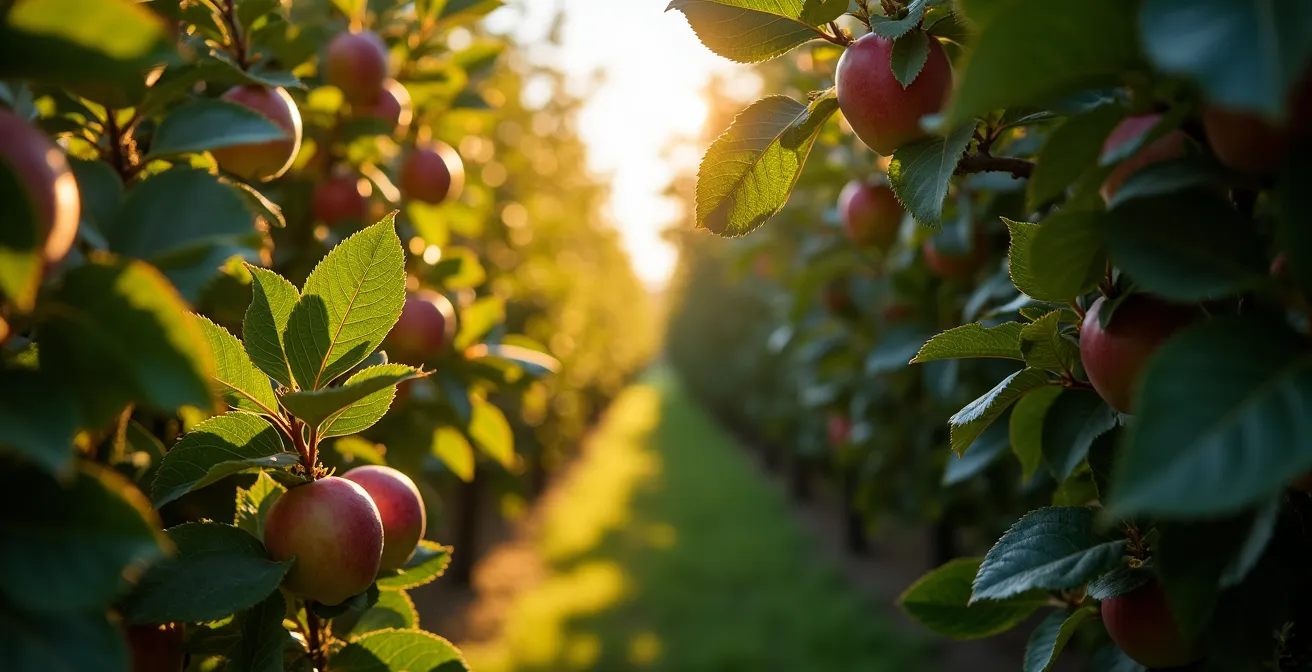 Diagrama comparativo de intercepción lumínica entre espaldera y árbol tradicional