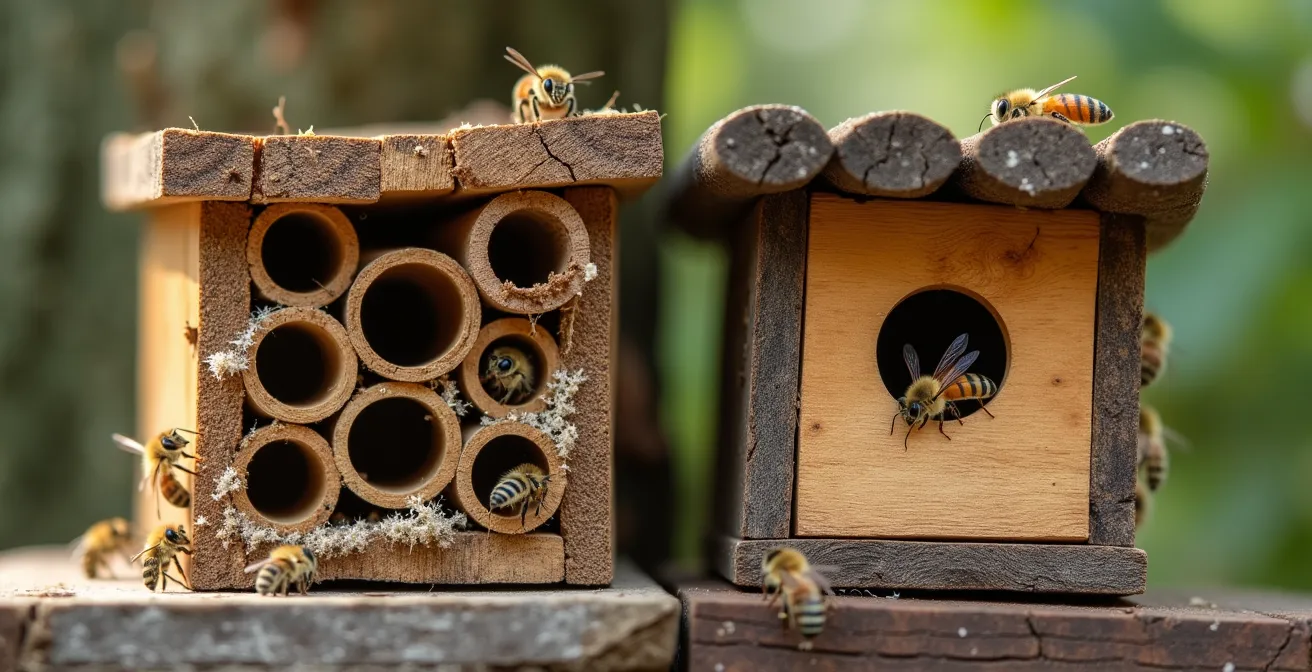 Comparación visual entre un hotel de abejas bien diseñado y uno peligroso de tienda