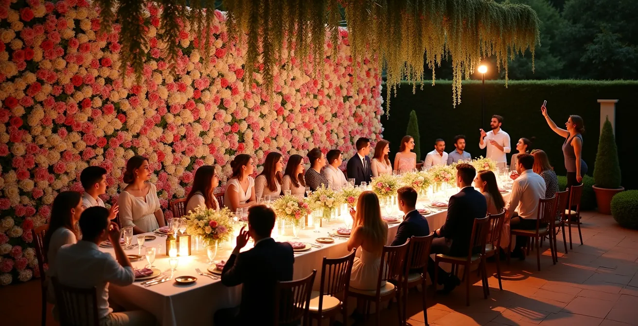 Vista aérea de mesa imperial con múltiples centros florales en diferentes alturas frente a una pared floral única