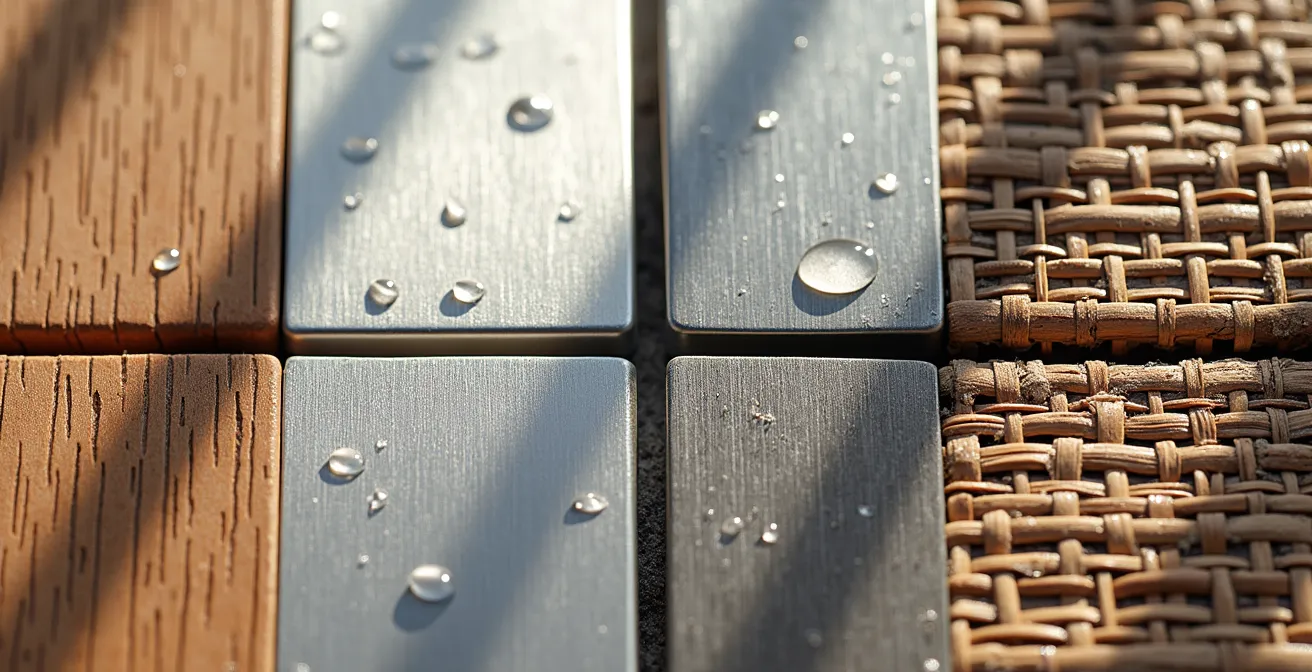 Comparación visual de diferentes materiales de muebles de jardín bajo el sol mediterráneo intenso