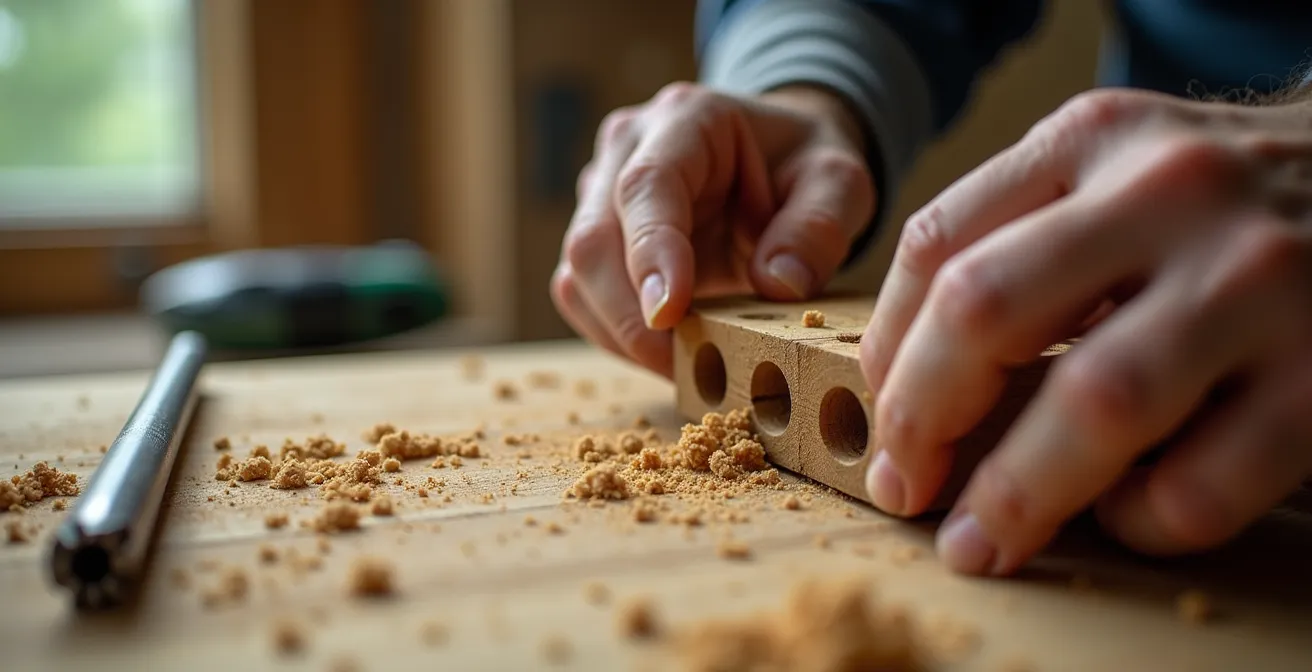Manos construyendo un hotel de insectos con bambú, madera sin tratar y herramientas de ferretería