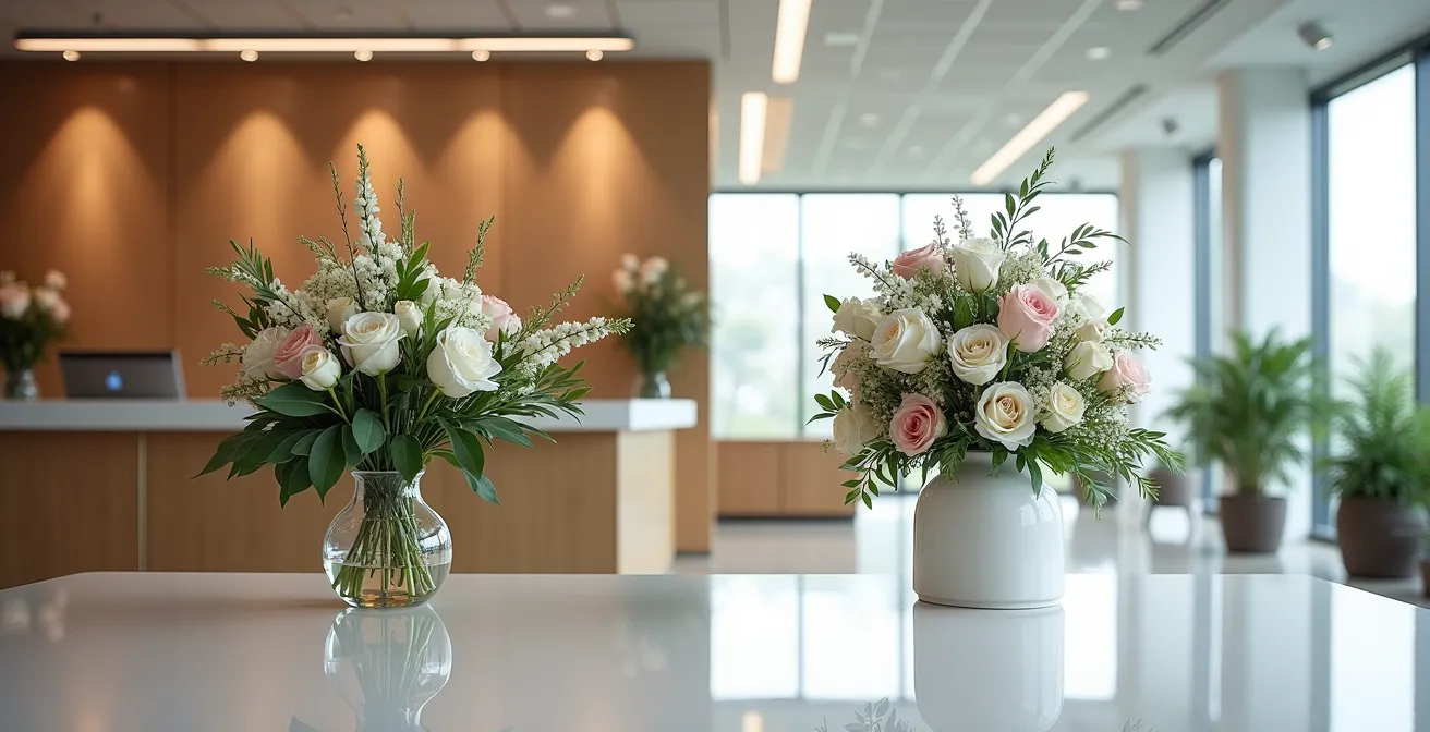 Arreglo floral corporativo elegante en recepción de oficina moderna