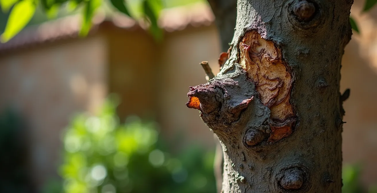 Vista detallada de un corte incorrecto mostrando un muñón y signos de infección fúngica en rama de frutal