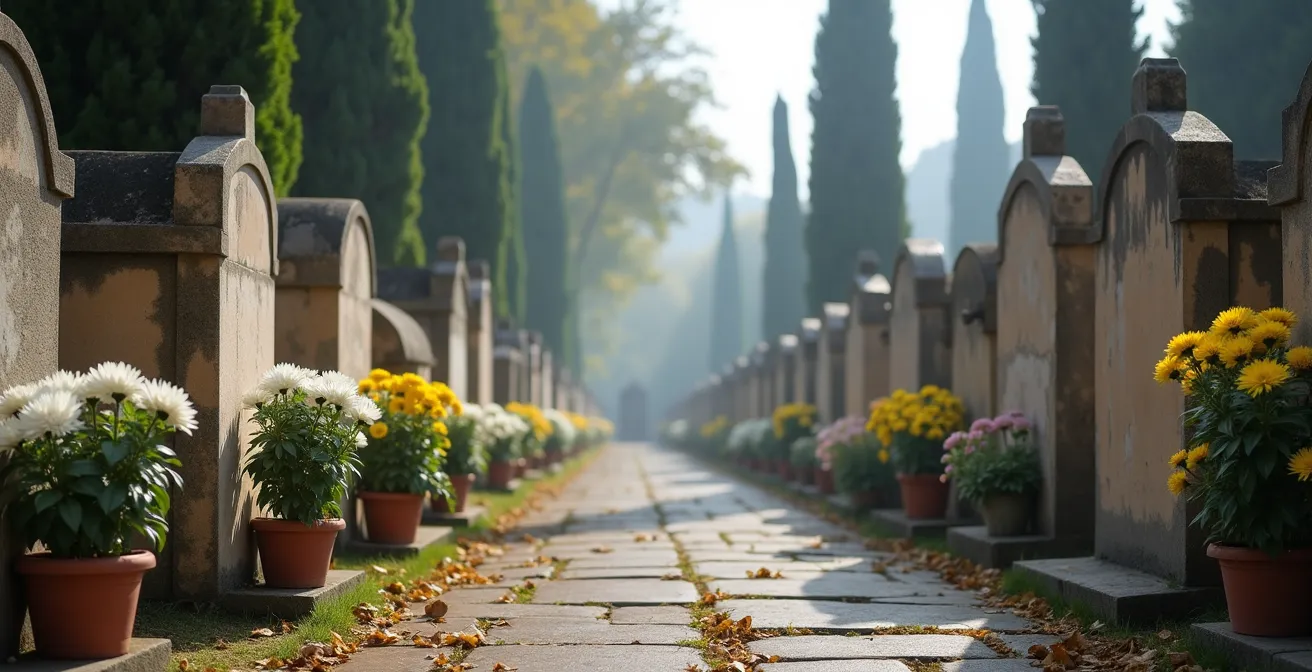Crisantemos blancos y amarillos decorando tumbas en un cementerio español durante Todos los Santos