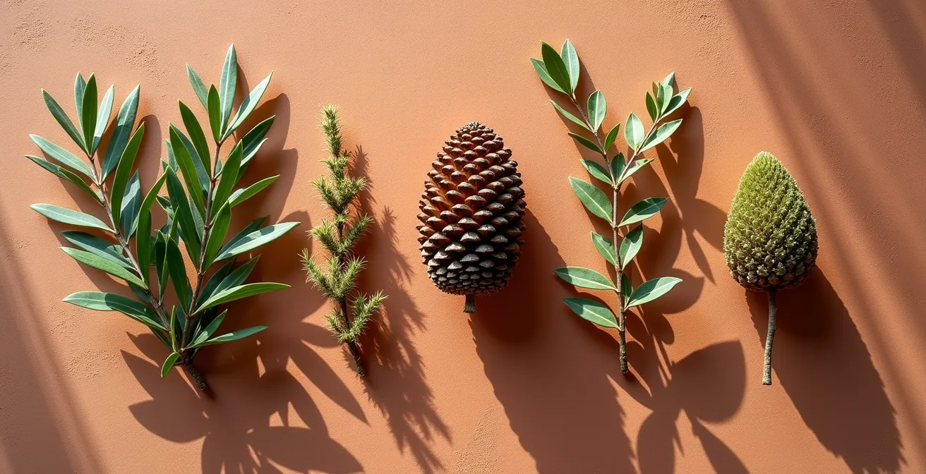 Mapa visual mostrando la diversidad biogeográfica de España con diferentes ecosistemas y sus plantas características