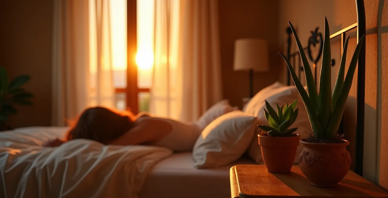Dormitorio español al atardecer con plantas purificadoras en mesitas de noche iluminadas por luz cálida