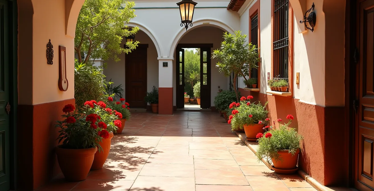 Patio andaluz mostrando el contraste entre zonas de sol intenso y sombra fresca creada por muros encalados