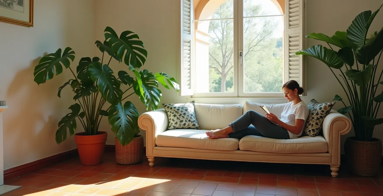 Salón español con plantas en proporción perfecta siguiendo la regla de los tercios
