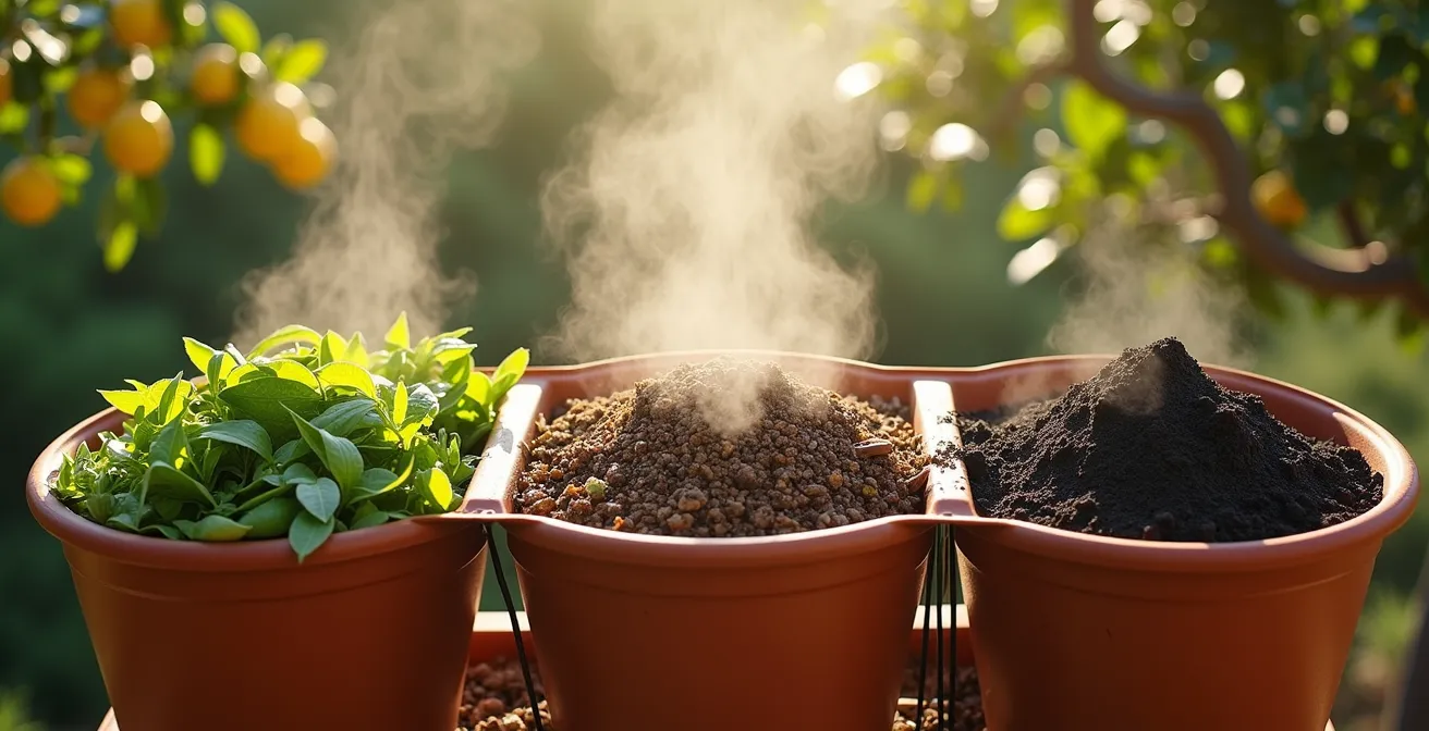 Sistema de tres compartimentos para compostaje continuo en jardín español