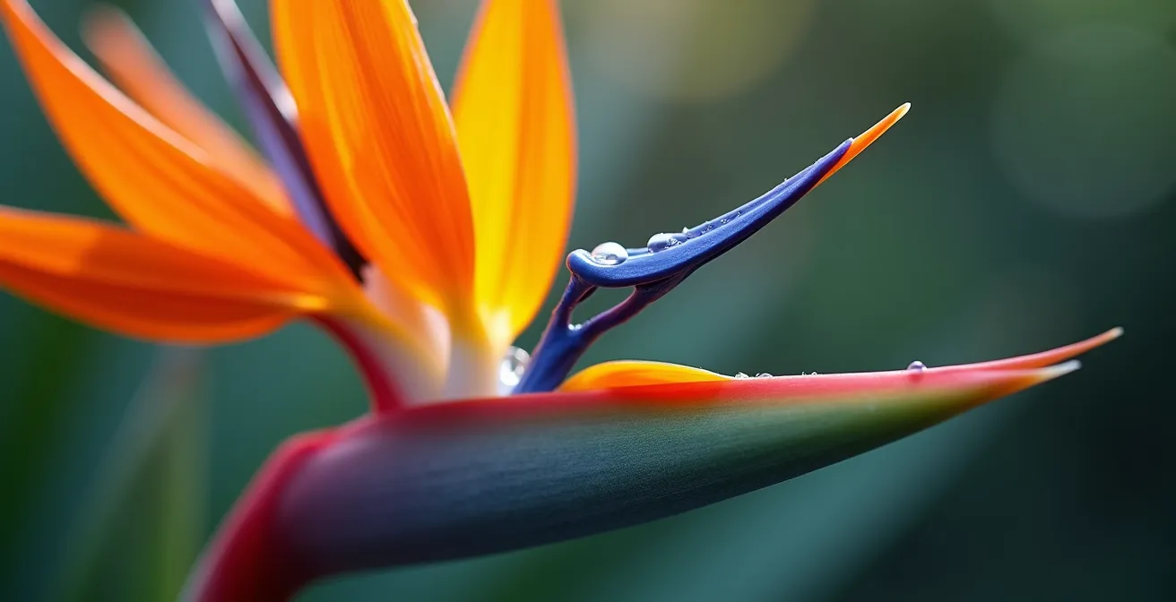 Detalle macro de una flor de ave del paraíso con textura y colores vibrantes