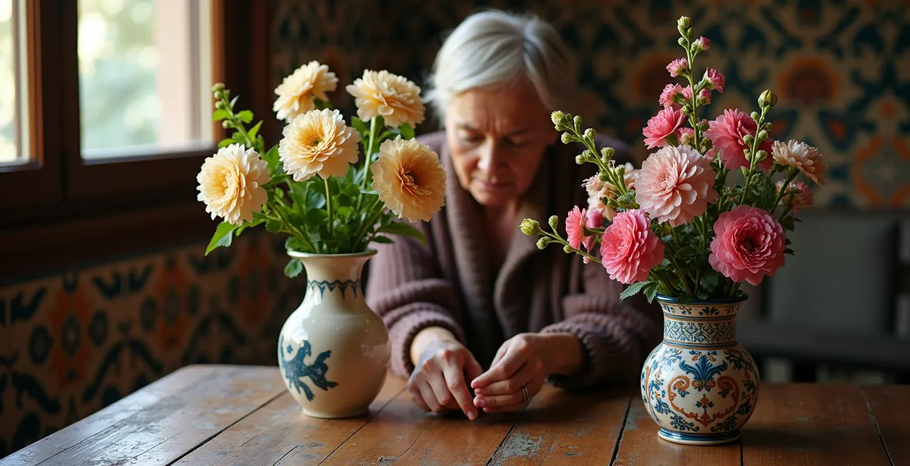 Bodegón nostálgico con flores tradicionales españolas como malvarrosa, alelíes y claveles sobre mesa de madera antigua