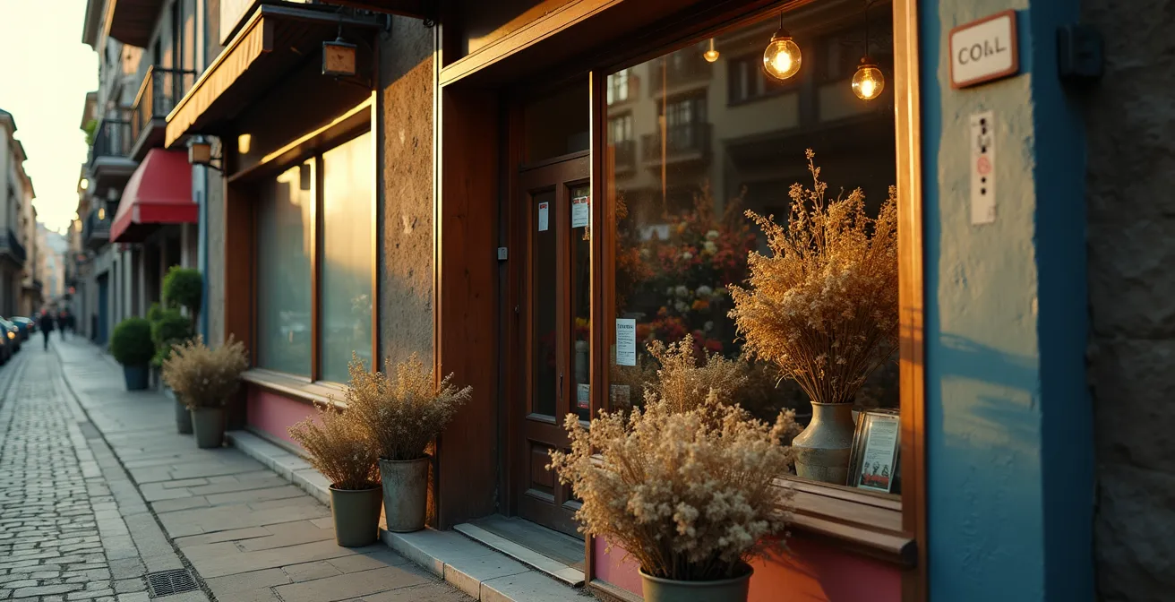 Fachada de floristería con cartel de liquidación y flores marchitas