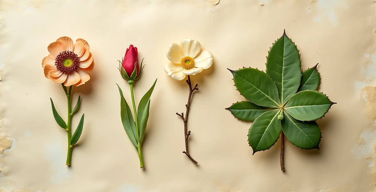 Guía visual mostrando patrones clave para identificar las 10 familias botánicas más comunes en viveros españoles