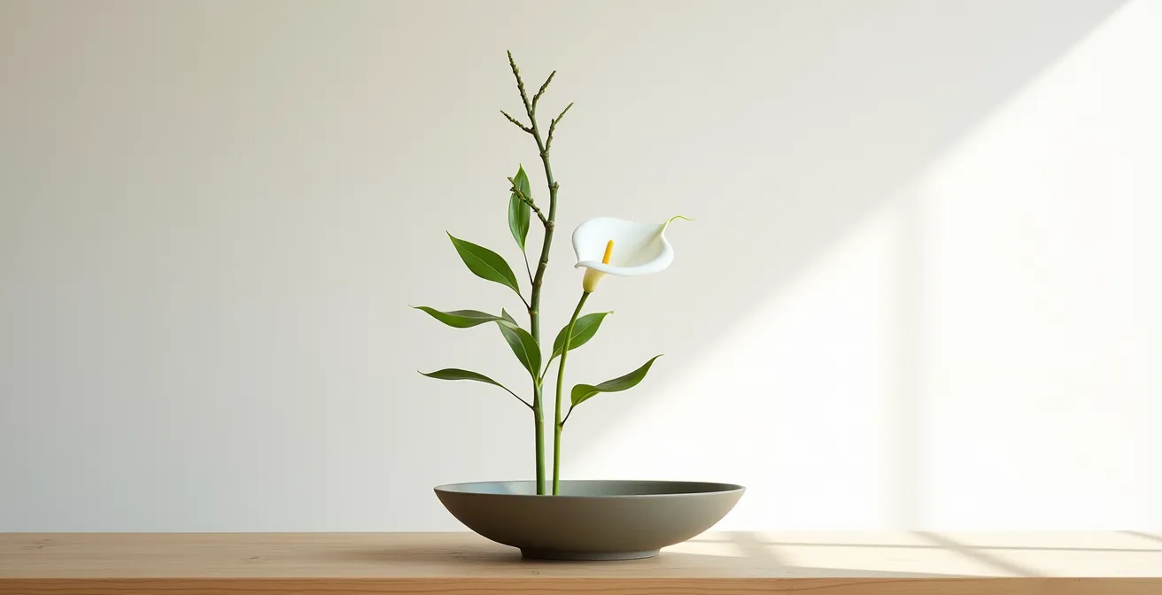 Ikebana español minimalista con rama de olivo, cala y esparraguera siguiendo proporciones áureas