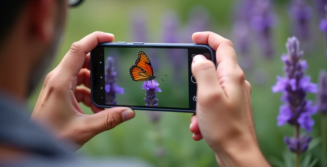 Manos de un jardinero sosteniendo un smartphone y fotografiando una mariposa en una flor de lavanda, con un enfoque macro que resalta los detalles.