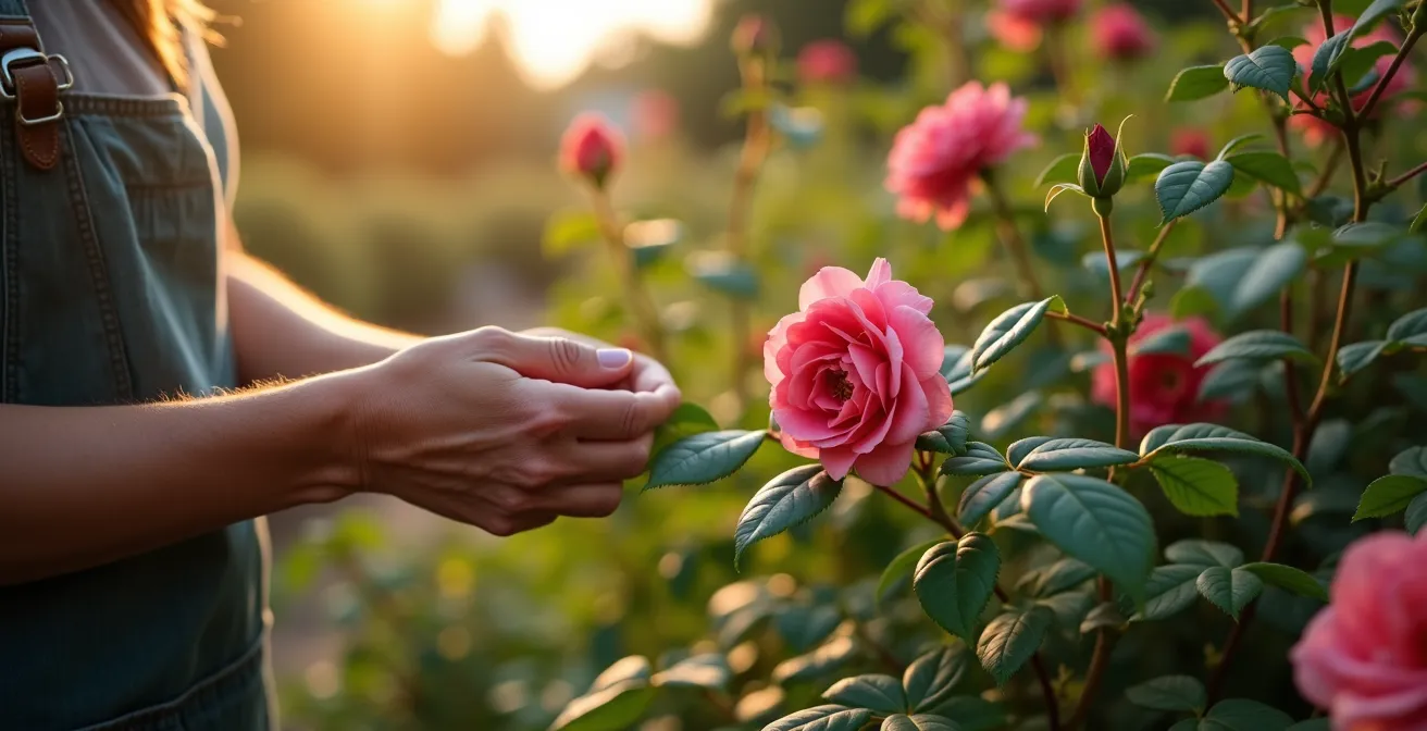 Mano inspeccionando cuidadosamente el envés de hojas de rosal buscando pulgones