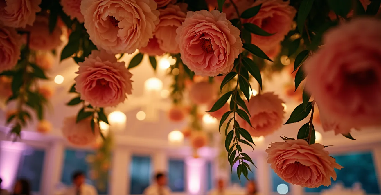 Espectacular instalación floral colgante sobre pista de baile en boda