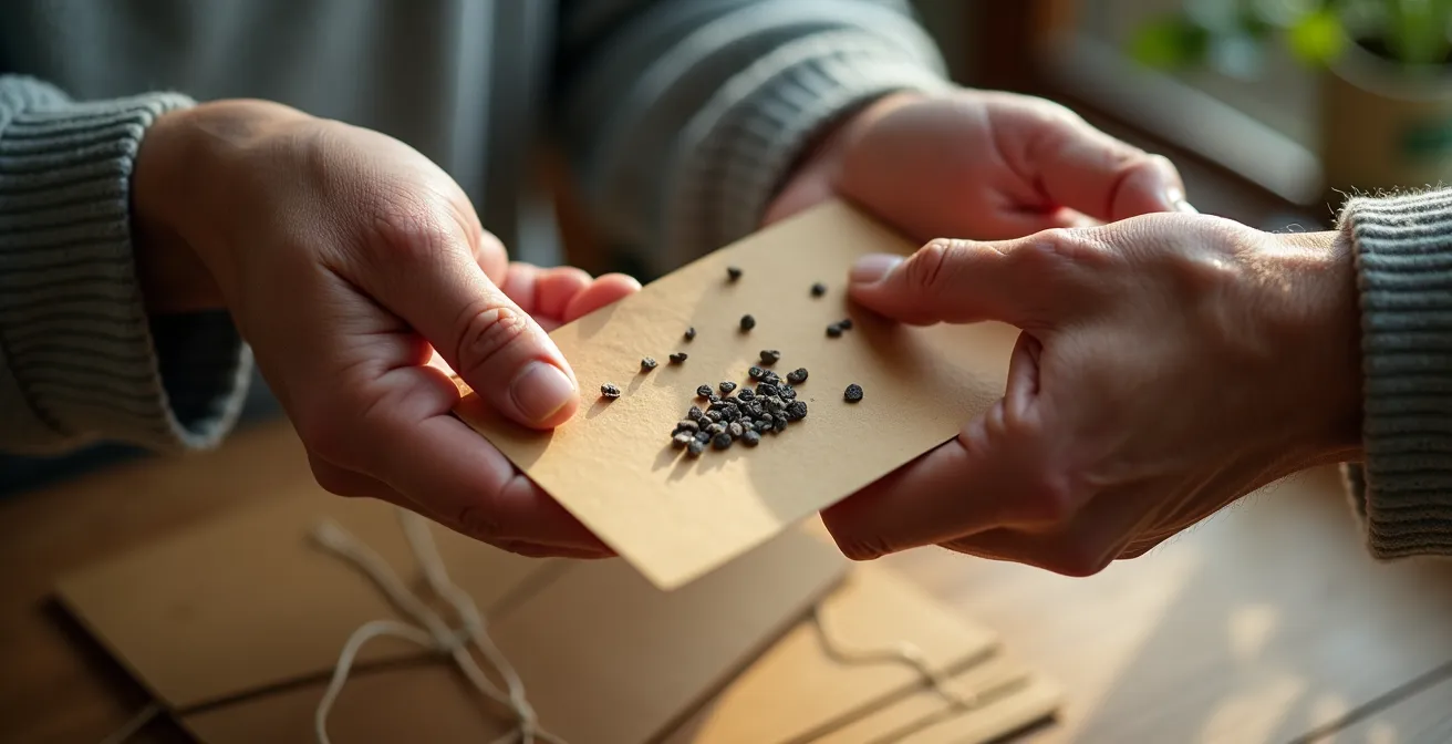 Manos intercambiando sobres de semillas de clavel tradicional en un mercado local