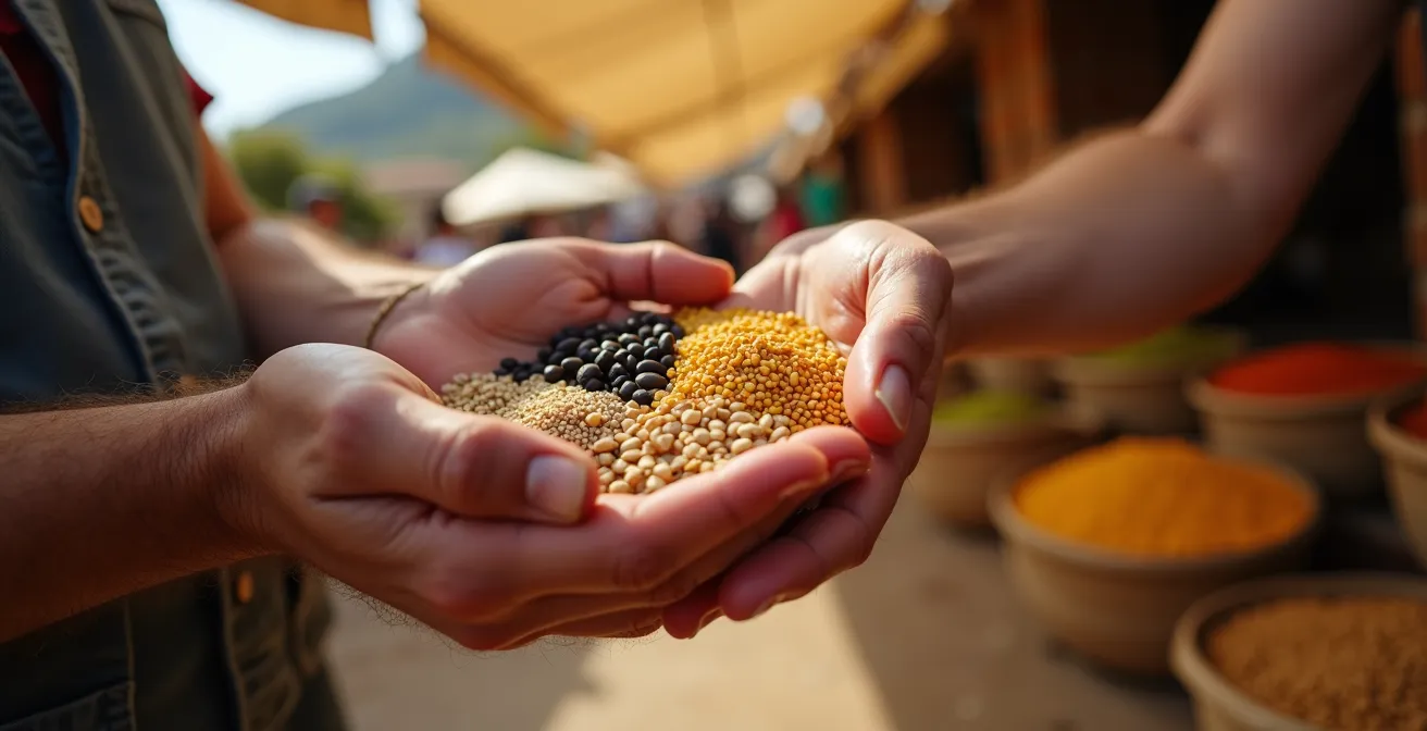 Evento de intercambio de semillas con agricultores compartiendo variedades locales en un mercado tradicional español