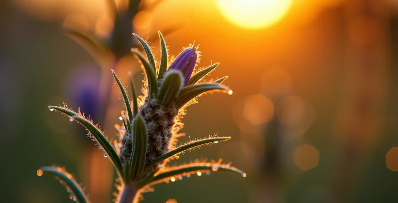 Jardín mediterráneo durante la hora dorada del atardecer con plantas aromáticas