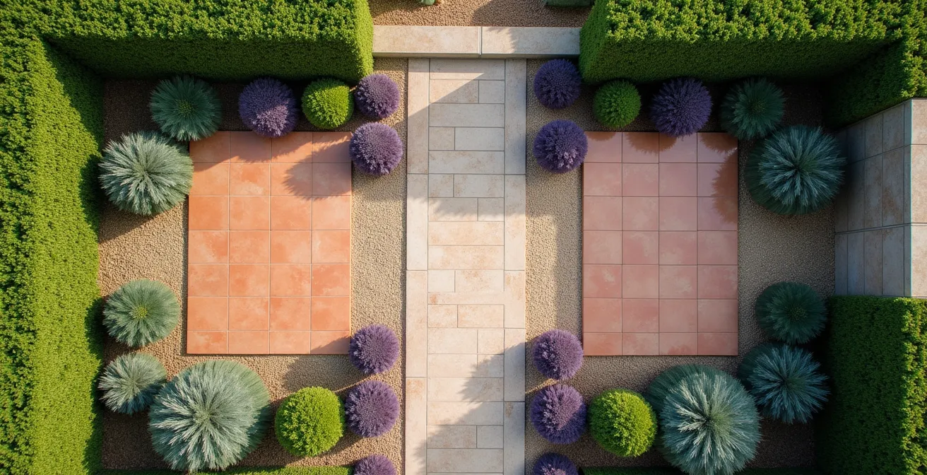 Vista aérea de jardín mostrando la integración de diferentes zonas mediante pavimento de granito y vegetación repetida