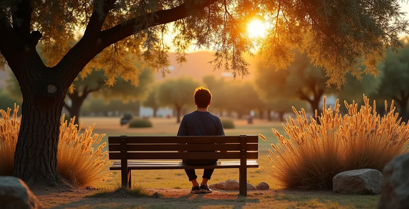 Rincón de meditación en jardín mediterráneo con banco de madera y plantas en diferentes estados naturales