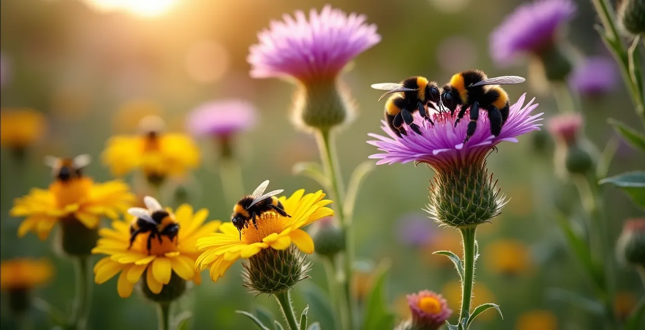 Jardín mediterráneo con asteráceas autóctonas en plena floración visitadas por diversas especies de abejas