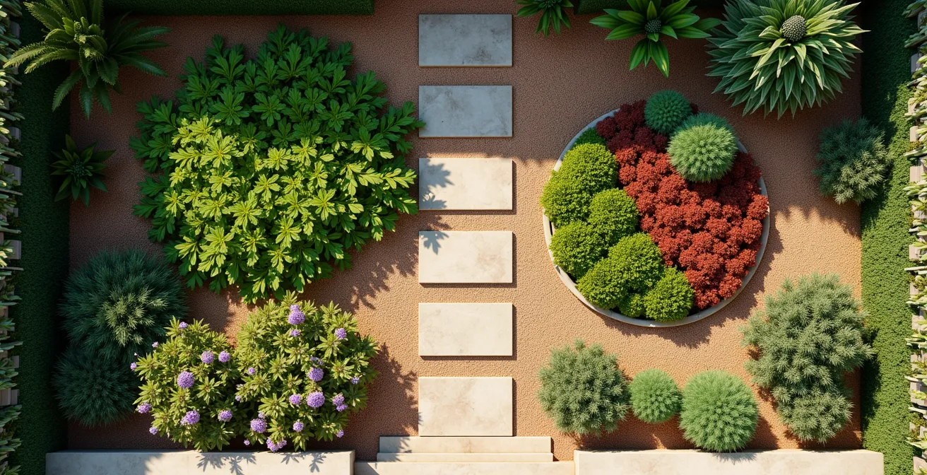 Vista aérea de jardín mostrando distribución armónica de colores siguiendo la proporción 60-30-10