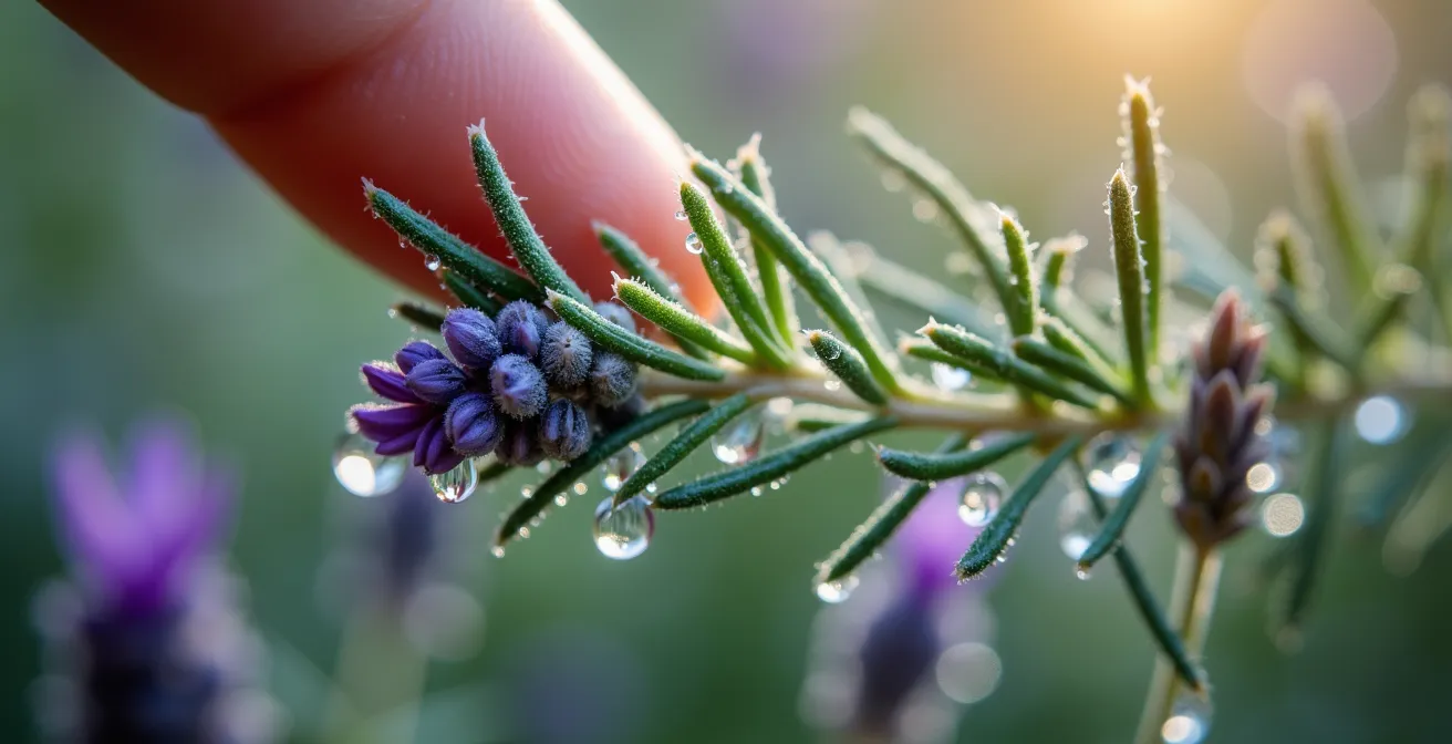 Detalle macro de texturas de plantas aromáticas mediterráneas con gotas de rocío