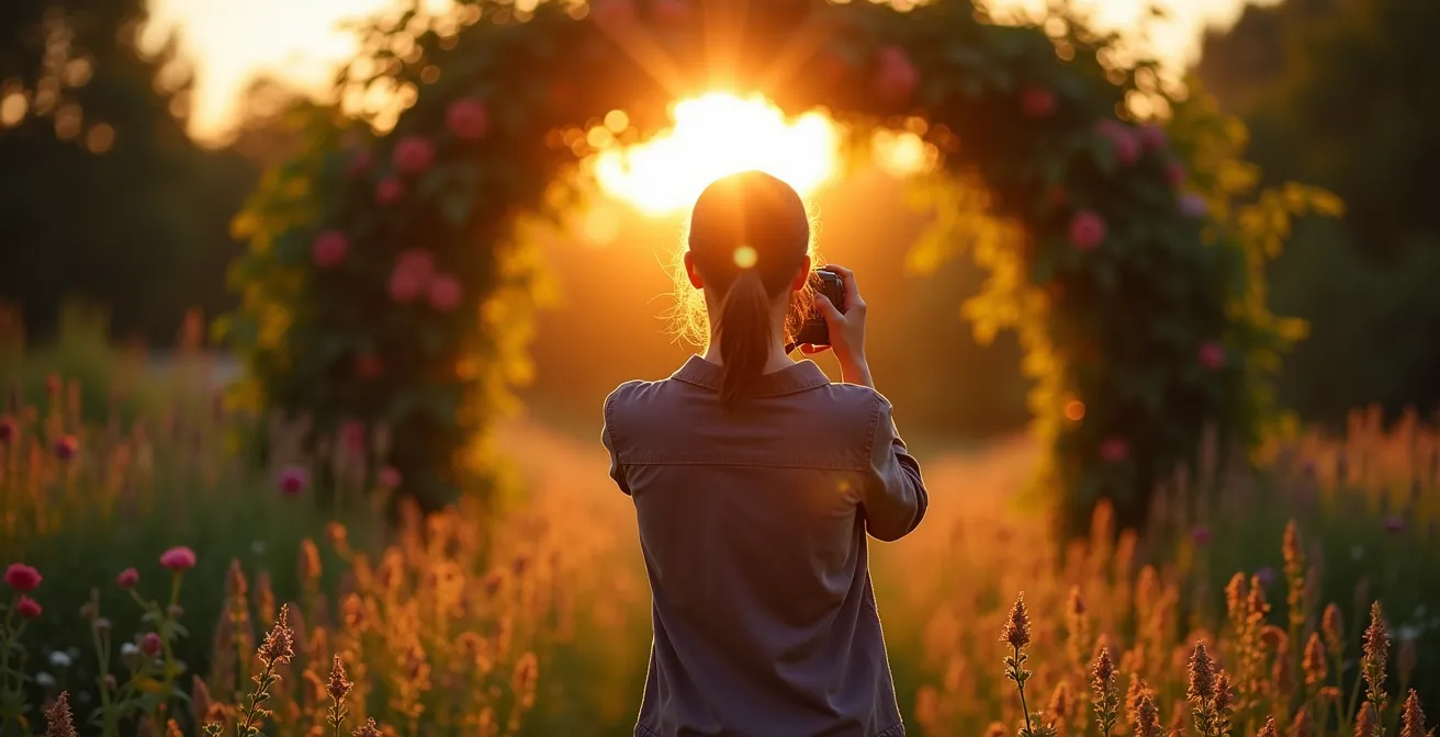 Jardín biodiverso fotografiado durante la hora dorada con gramíneas retroiluminadas y marcos naturales