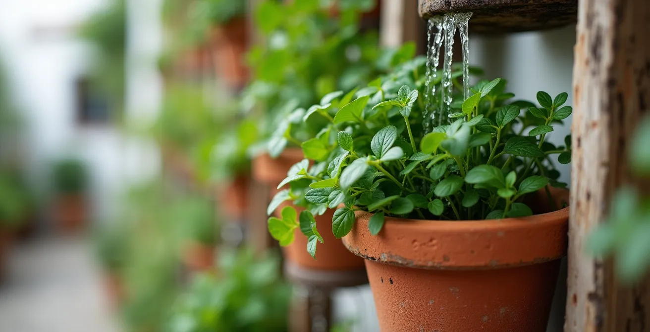 Sistema de jardín vertical con macetas en cascada y plantas mediterráneas en una pared soleada