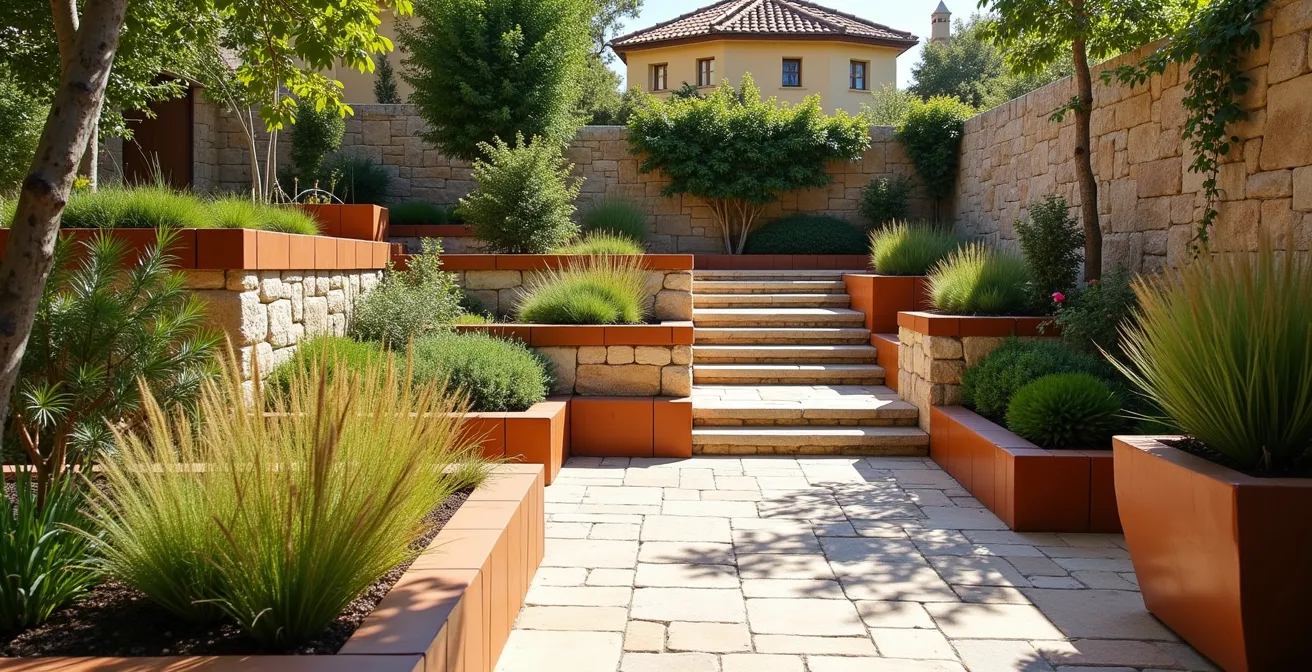 Diseño de jardín mediterráneo con zonas elevadas separadas por barreras de piedra y acero corten