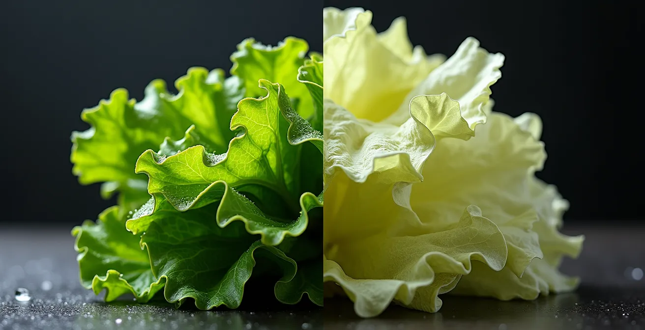 Comparación visual entre lechuga recién cosechada del huerto y lechuga de bolsa del supermercado