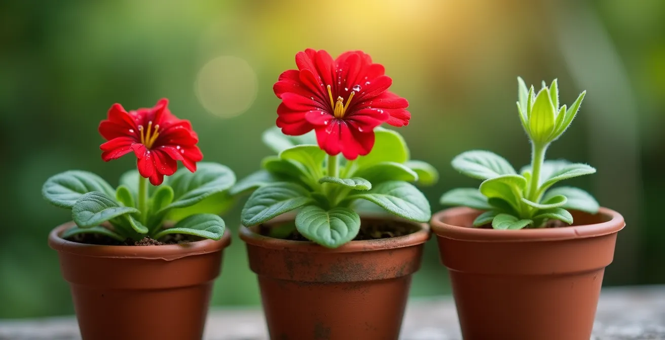 Composición de macetas con plantas anuales coloridas rodeando perennes jóvenes en crecimiento