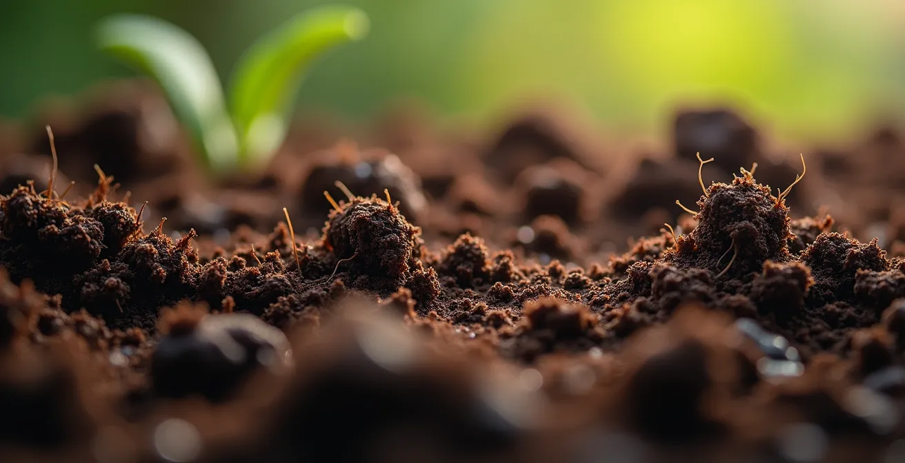 Fotografía macro de agregados de suelo mostrando su estructura porosa y materia orgánica