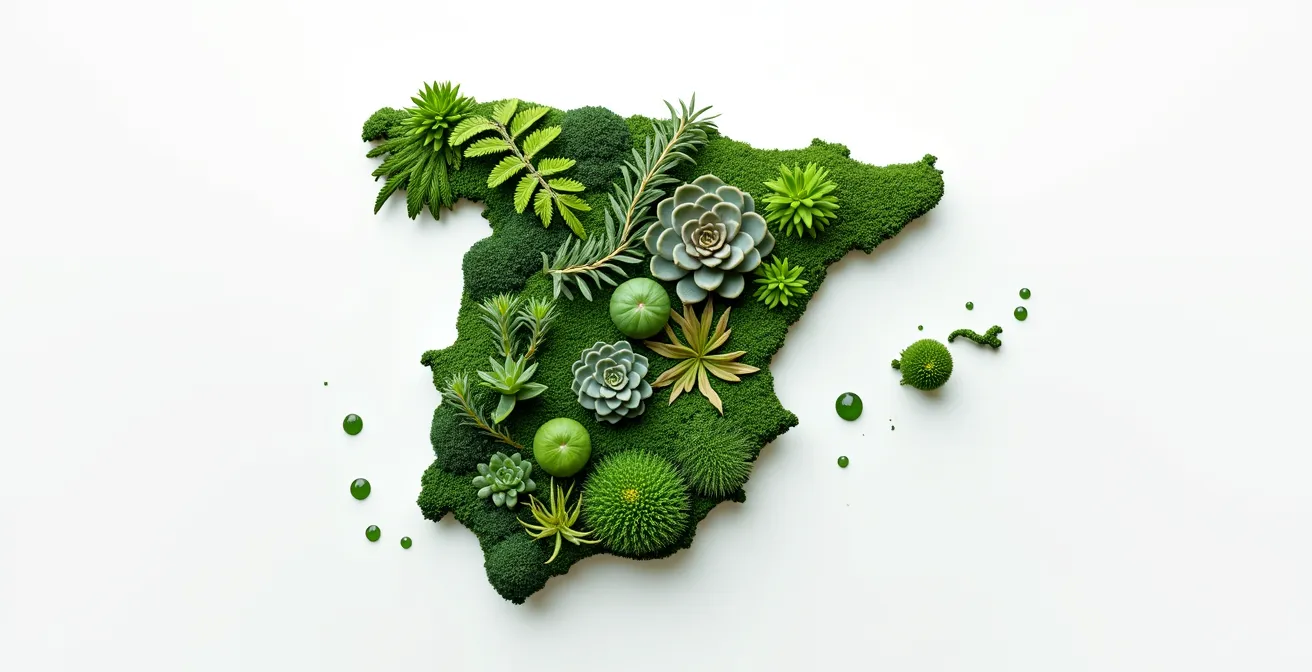Mapa visual de España mostrando diferentes zonas climáticas con ejemplos de plantas agrupadas por necesidades hídricas