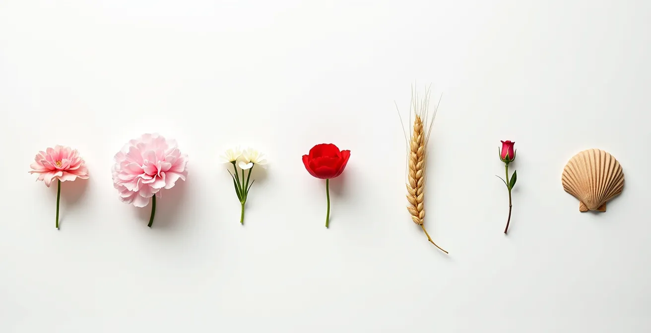 Composición artística de siete flores diferentes representando momentos clave de una relación